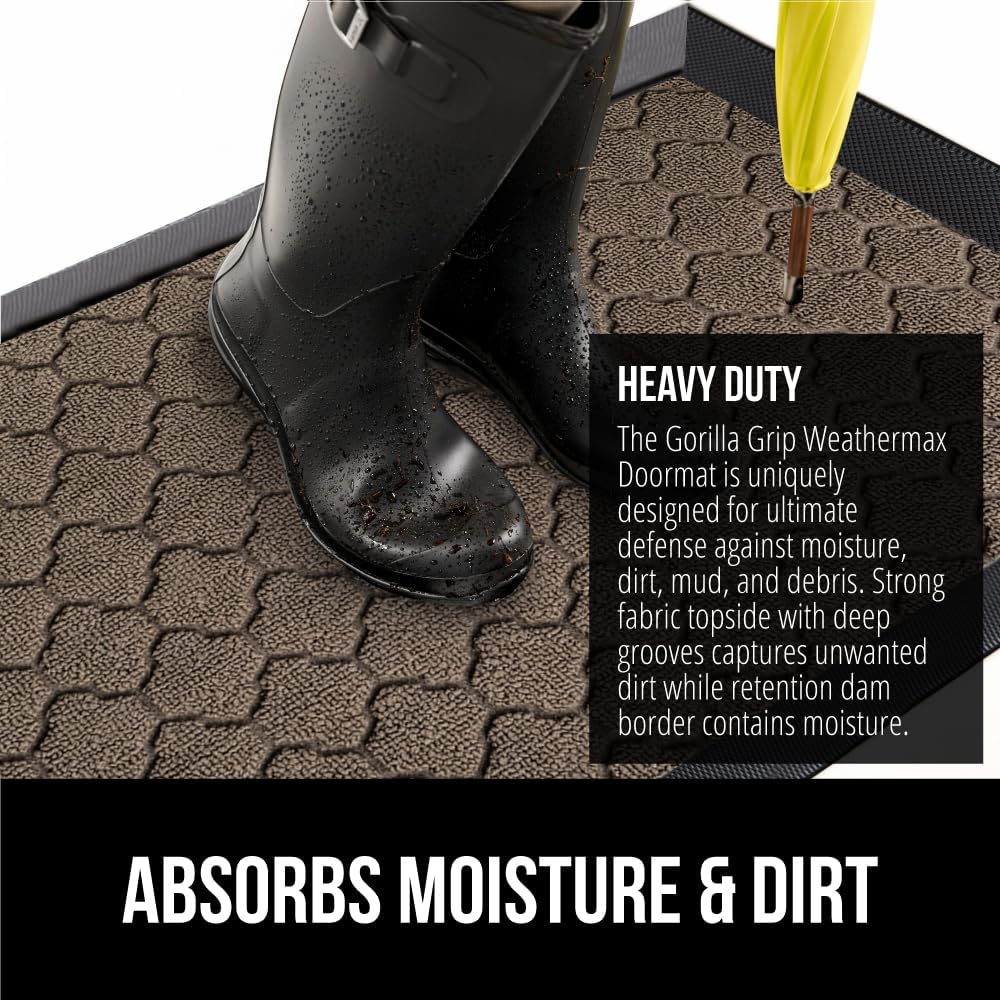GORILLA GRIP 100% Waterproof All-Season WeatherMax Doormat US Designed Natural Rubber, Stain and
