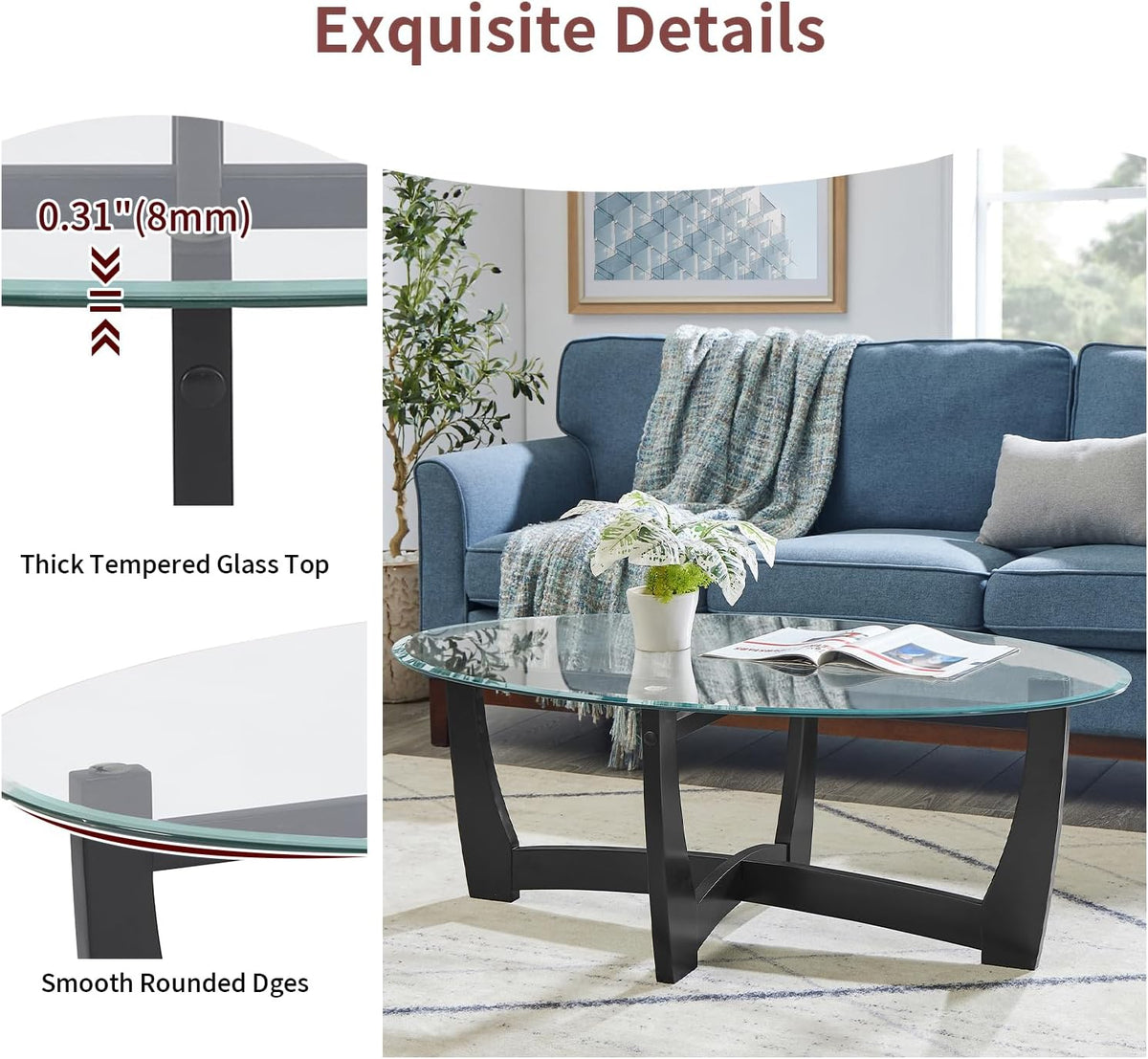 48" Oval Glass Coffee Table with Tempered Glass Top Cross and Solid Wood Base Simple & Modern