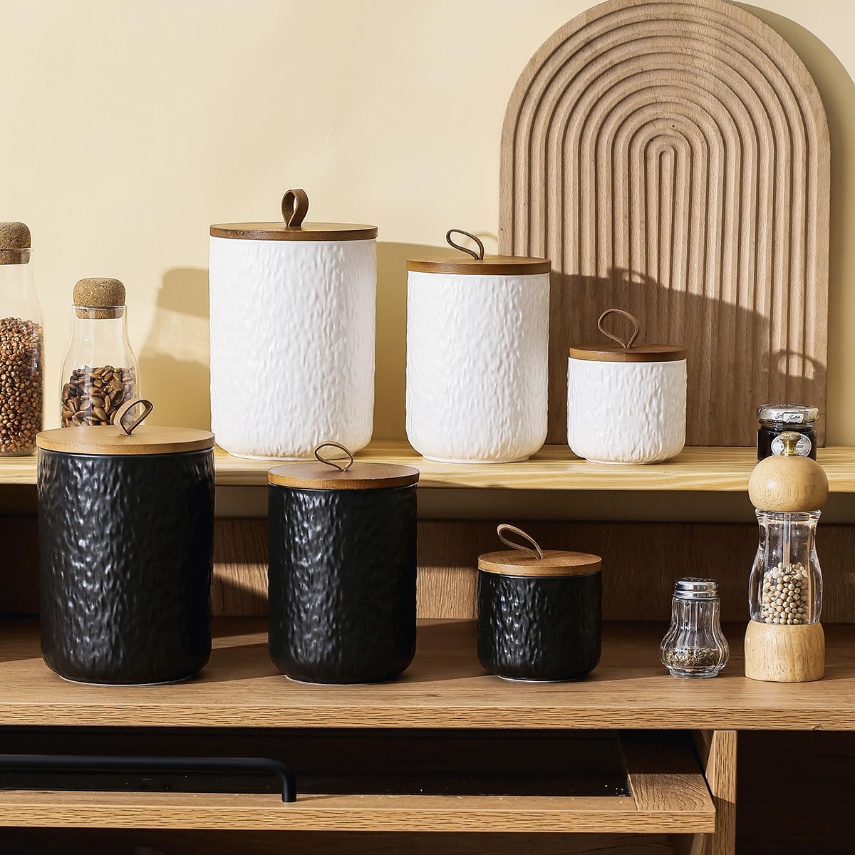 Black White Ceramic Coffee Canister Tea Canister with Seal Wood Lid, Airtight Coffee Storage