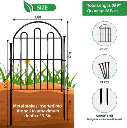 26 Pack Decorative Garden Fence, 26in x 28ft Arched No Dig Animal Barrier Fence for Dog Rabbit
