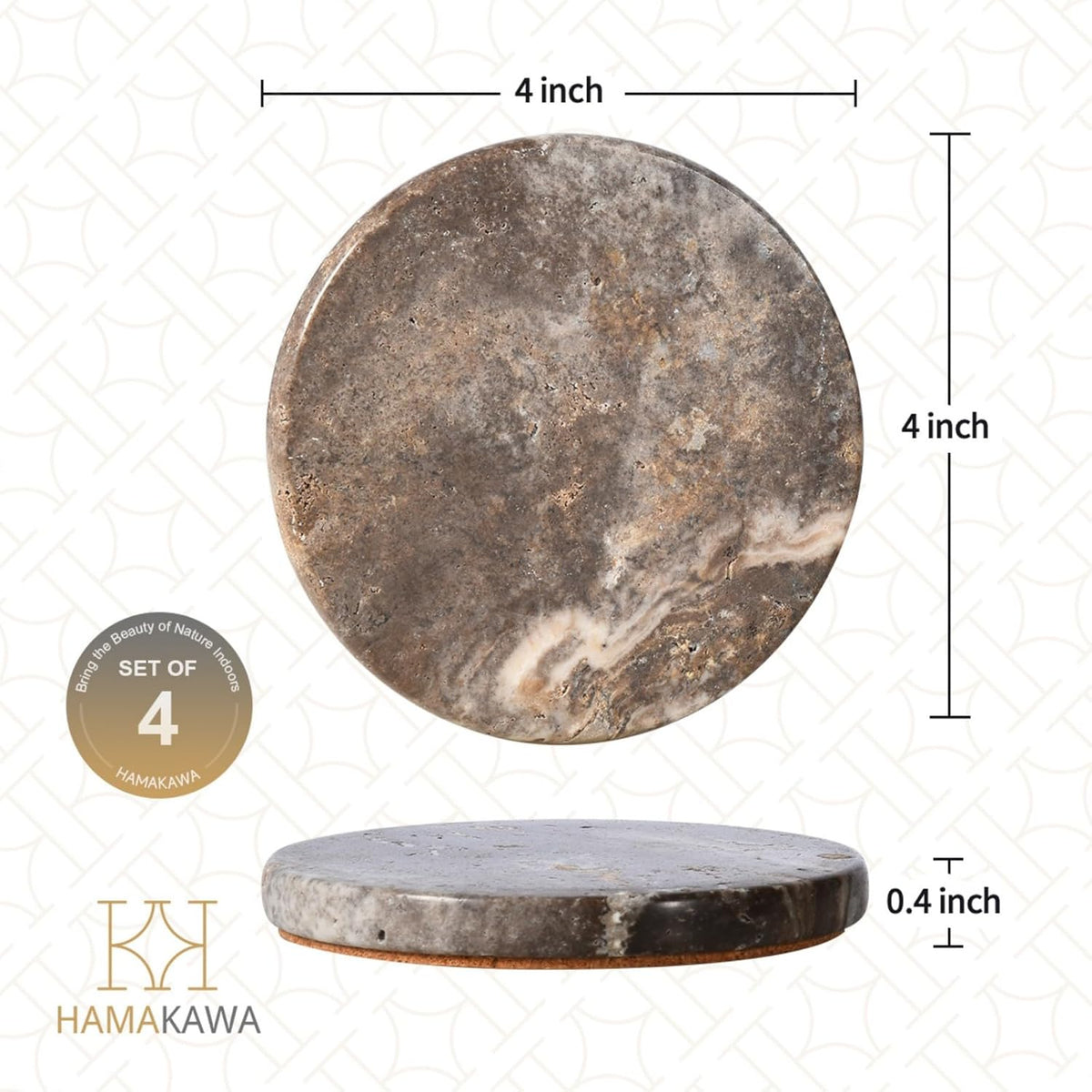 Marble Coasters Set of 4, Natural Gray Stone 4 Inch/10 cm, Modern Round Travertine Drink Coasters