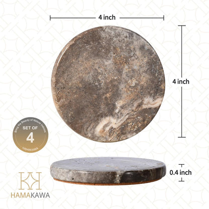 Marble Coasters Set of 4, Natural Gray Stone 4 Inch/10 cm, Modern Round Travertine Drink Coasters