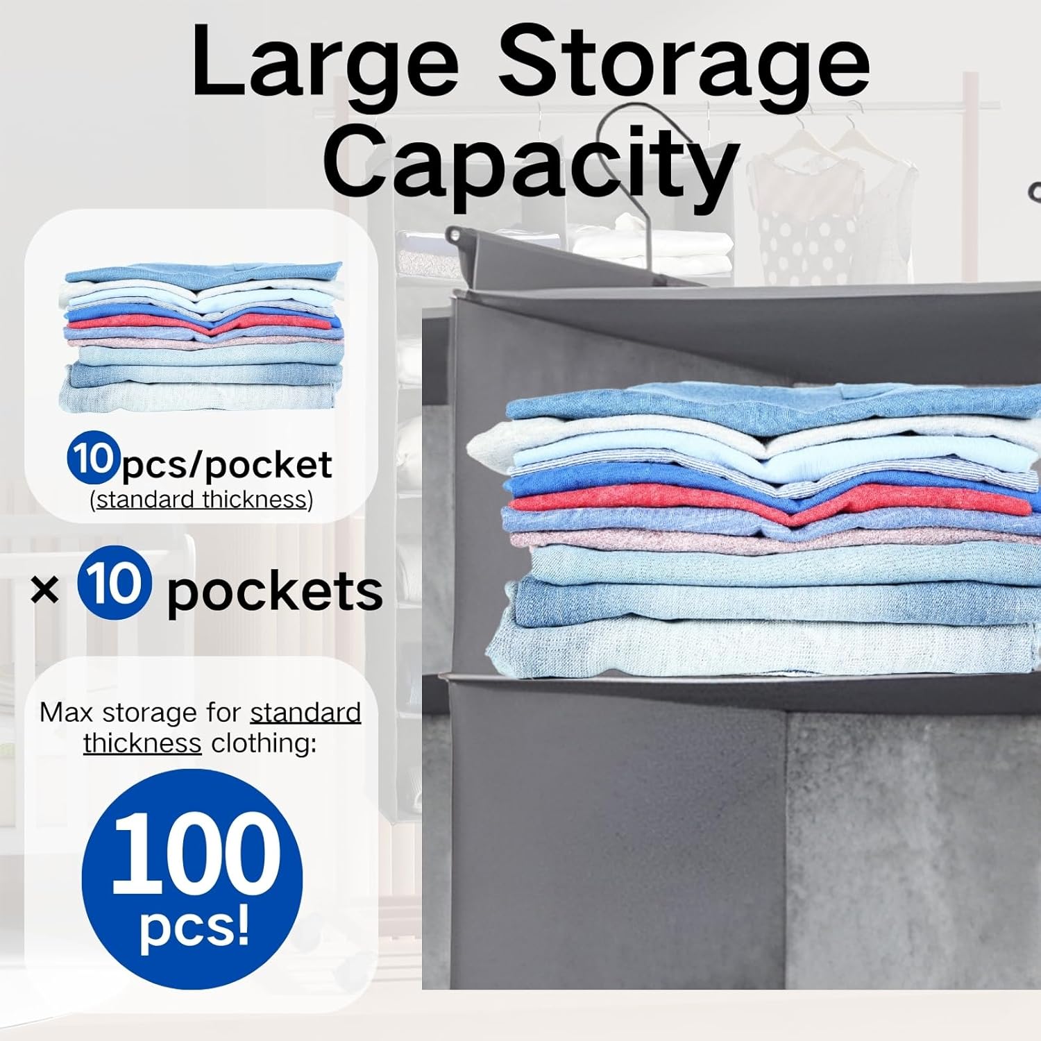 5 Tier Shelf Hanging Closet Organizer, Dual-Row 10 Pocket Cloth Hanging Shelf with 3 Sturdy Hooks