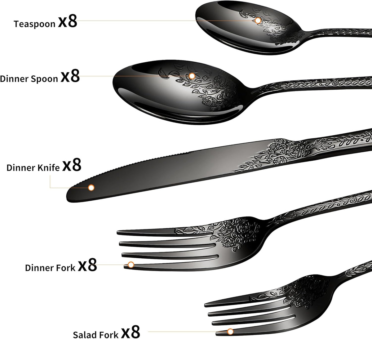 Floral 40 Pcs Black Silverware Set for 8, Food Grade Stainless Steel Flatware Set with Rose Flower