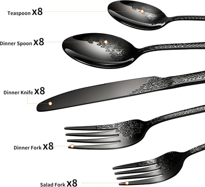 Floral 40 Pcs Black Silverware Set for 8, Food Grade Stainless Steel Flatware Set with Rose Flower