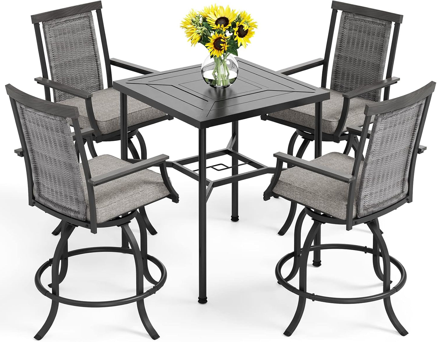 PHI VILLA 5 PCS Outdoor Bar Set,Counter Height Swivel Bar Chairs with Cushion and Metal Bar