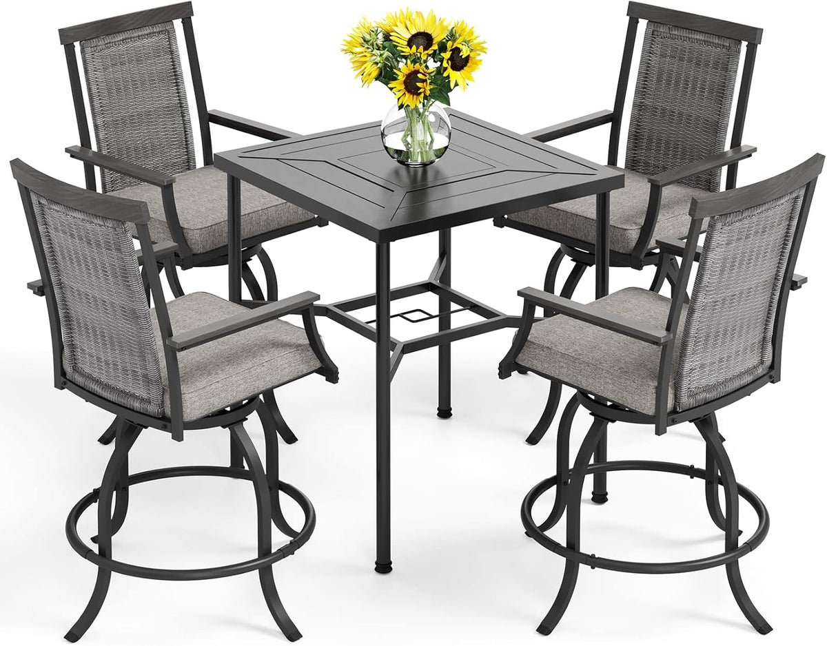 PHI VILLA 5 PCS Outdoor Bar Set,Counter Height Swivel Bar Chairs with Cushion and Metal Bar