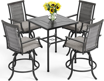 PHI VILLA 5 PCS Outdoor Bar Set,Counter Height Swivel Bar Chairs with Cushion and Metal Bar