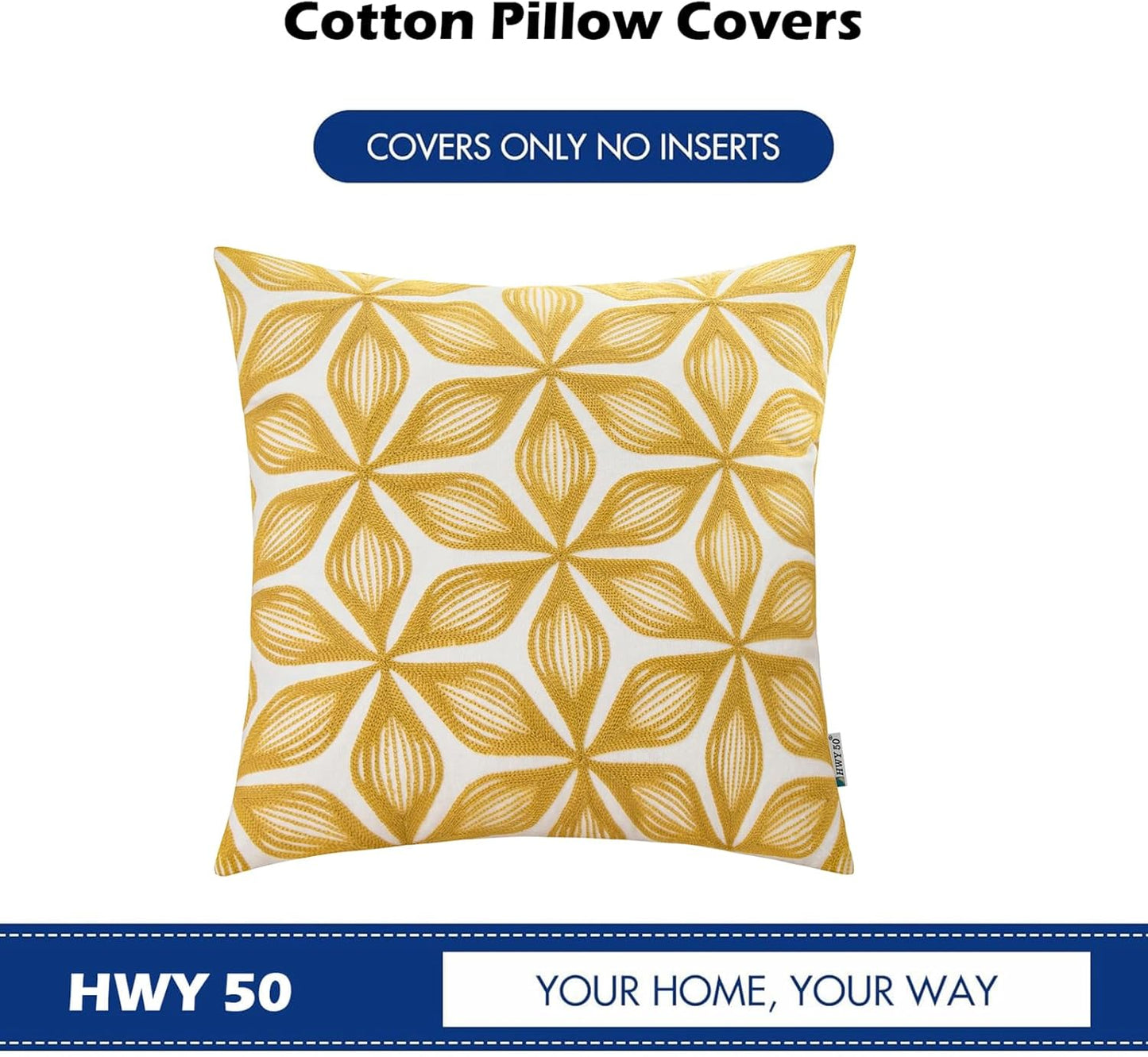 HWY 50 Yellow Decorative Throw Pillow Covers 18x18 Inch (1 Piece), Embroidered Cotton Farmhouse