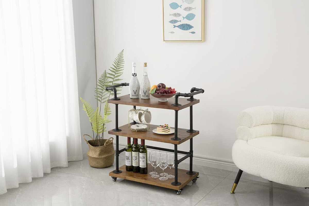 Industrial Pipe Bar Carts/Serving Carts/Kitchen Carts/Wine Rack Carts on Wheels with Shelves - Wood
