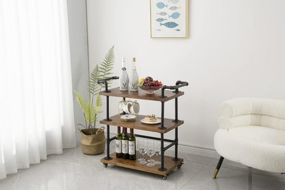 Industrial Pipe Bar Carts/Serving Carts/Kitchen Carts/Wine Rack Carts on Wheels with Shelves - Wood