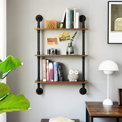 IBUYKE Industrial Pipe Shelves, Pipe Floating Shelves, Rustic Wall Mount Bookcase, 3-Tiers, 23.6"
