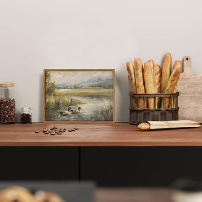 Floating Framed Canvas Wall Art, Vintage Mallard Duck Oil Paintings Print, Countryside Art Wildlife