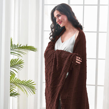 inhand Knitted Throw Blankets for Couch and Bed, Soft Cozy Knit Blanket with Tassel, Diamond Brown