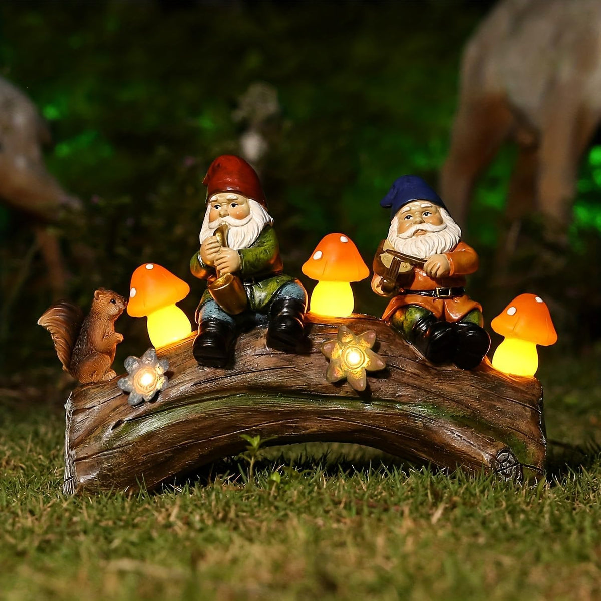 Funny Garden Gnome Statue Solar Powered Mushroom Figurine with Squirrel Gnome Durable Resin Outdoor
