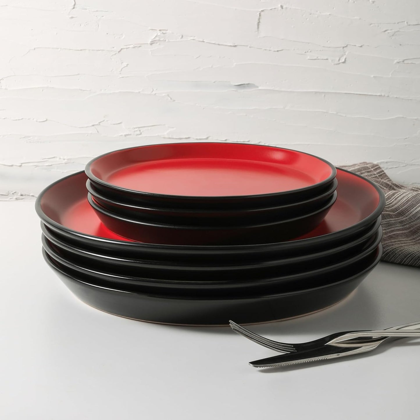 Stone Lain Albie Stoneware 32 Piece Dinnerware Set, Plates and Bowls Sets, Dish Set for 8, Red and