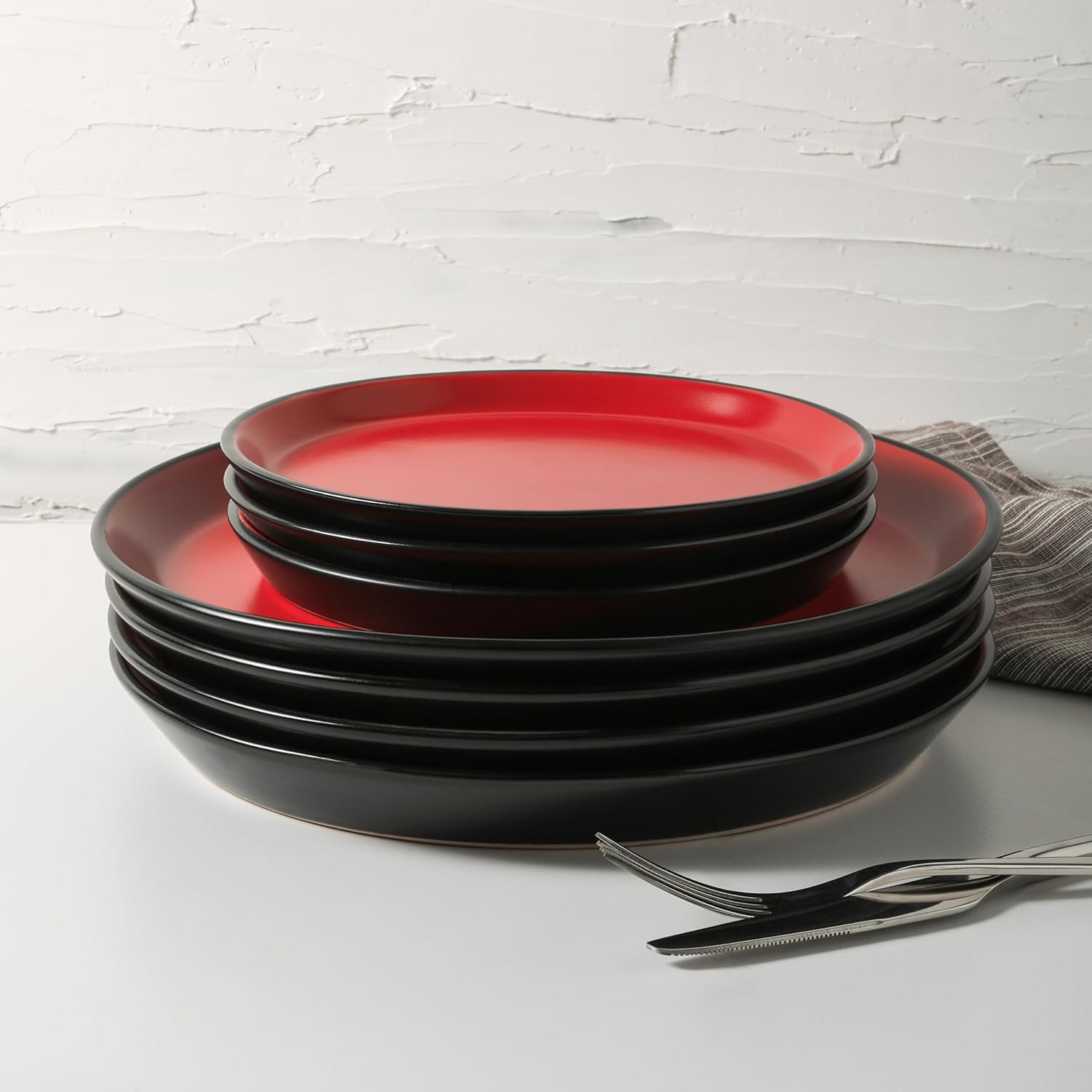 Stone Lain Albie Stoneware 32 Piece Dinnerware Set, Plates and Bowls Sets, Dish Set for 8, Red and