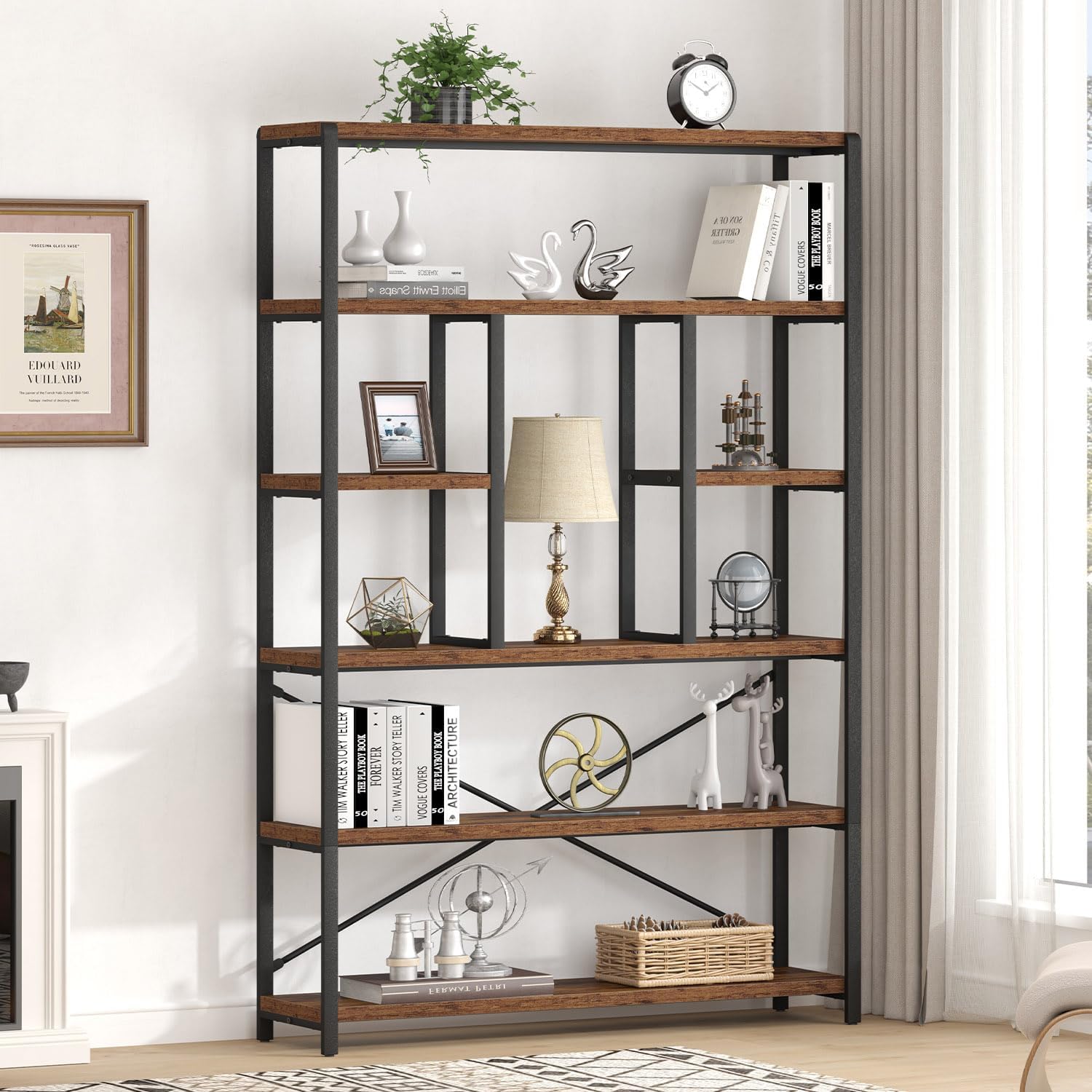 LVB Rustic Bookcases and Book Shelves, Metal Wood 6 Tier Bookshelf and Book Rack Storage