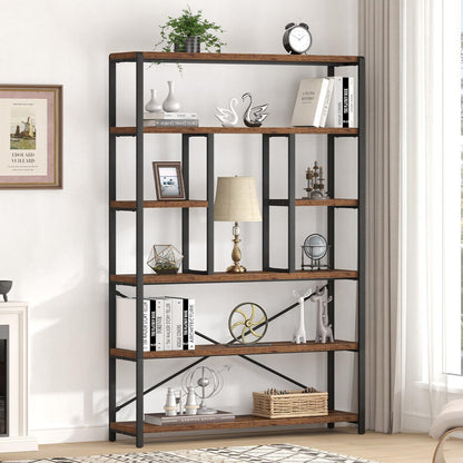 LVB Rustic Bookcases and Book Shelves, Metal Wood 6 Tier Bookshelf and Book Rack Storage