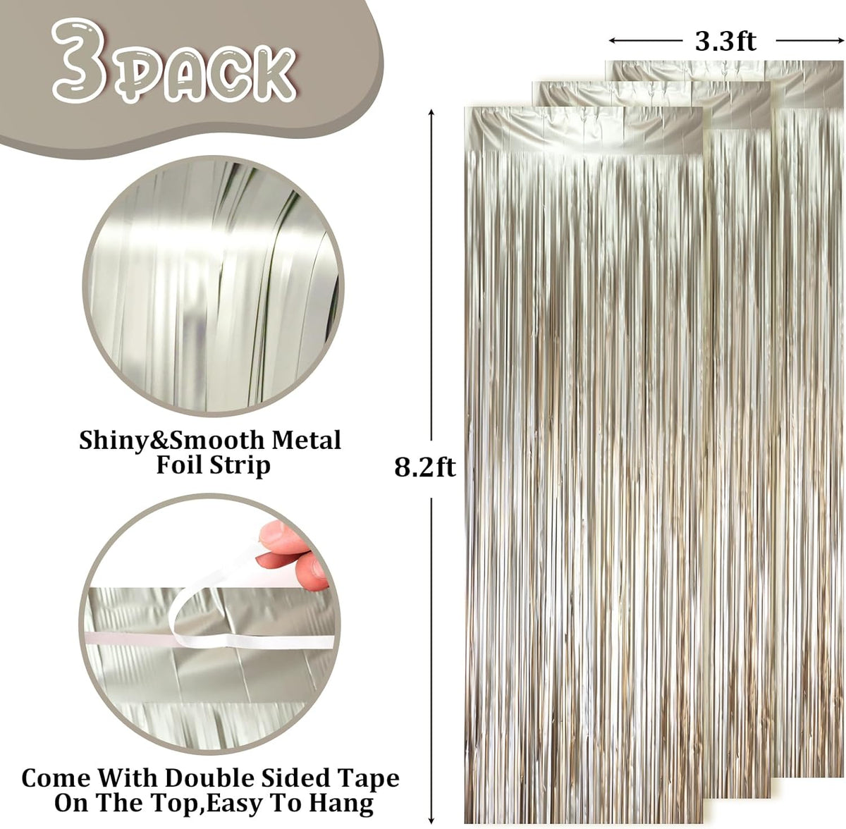 3 Pack 3.3 x 8.2 ft Matte Champagne Foil Fringe Backdrop Curtains, Gold Tinsel Streamers Party