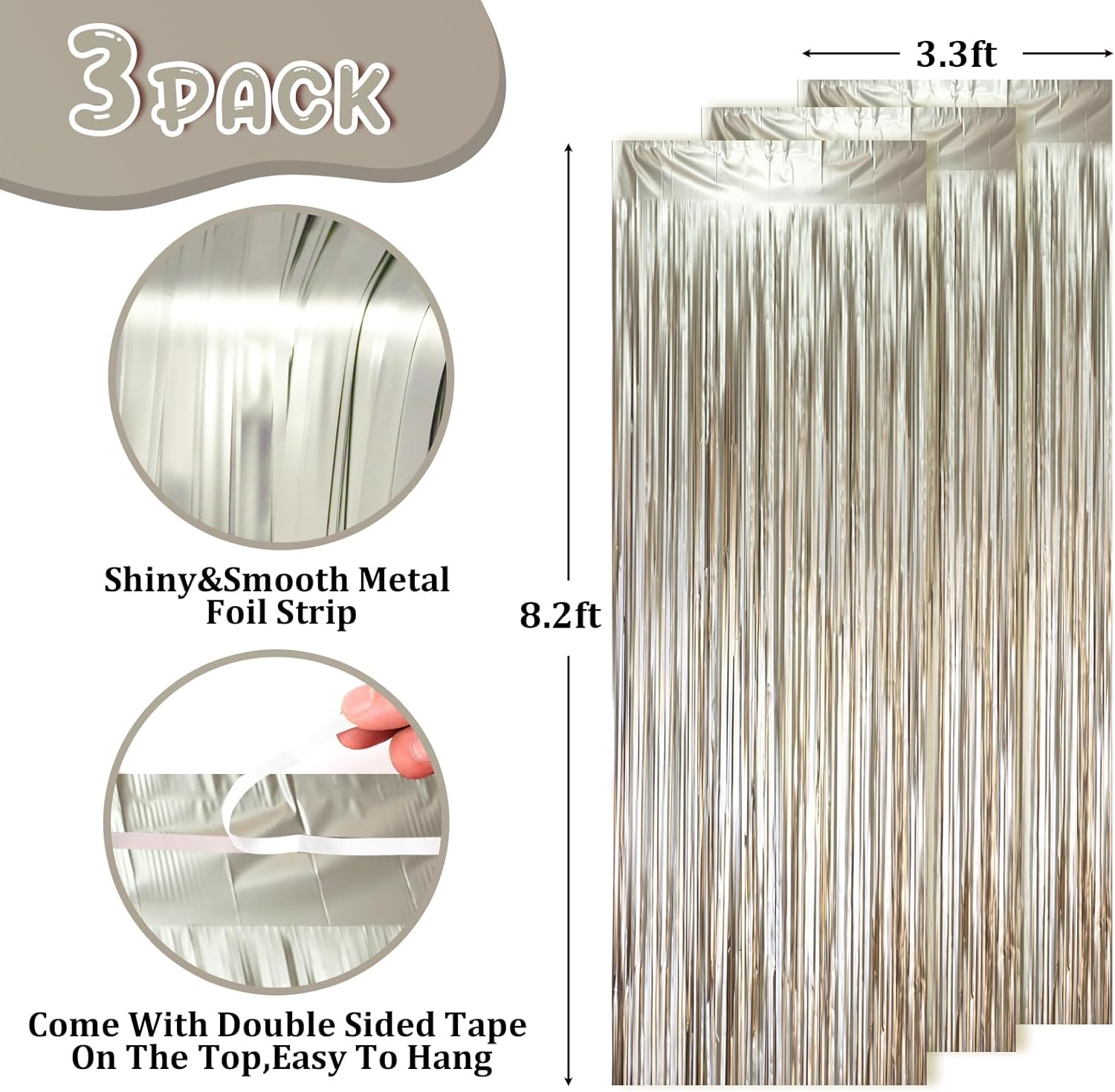 3 Pack 3.3 x 8.2 ft Matte Champagne Foil Fringe Backdrop Curtains, Gold Tinsel Streamers Party