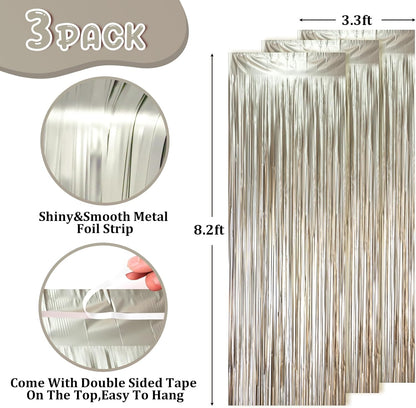 3 Pack 3.3 x 8.2 ft Matte Champagne Foil Fringe Backdrop Curtains, Gold Tinsel Streamers Party