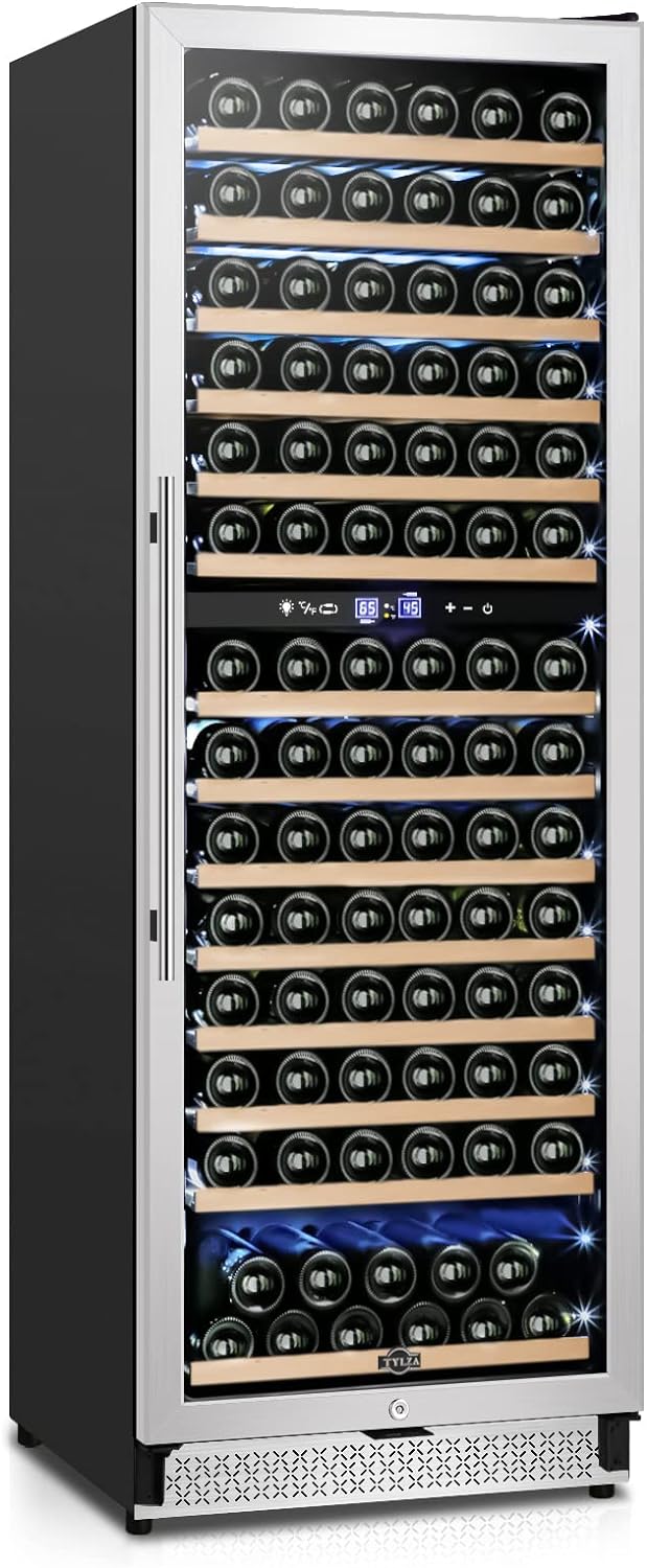 Tylza 24 Inch Wine Fridge Dual Zone, 180 Bottle Wine Cooler Refrigerator With Stainless Steel and