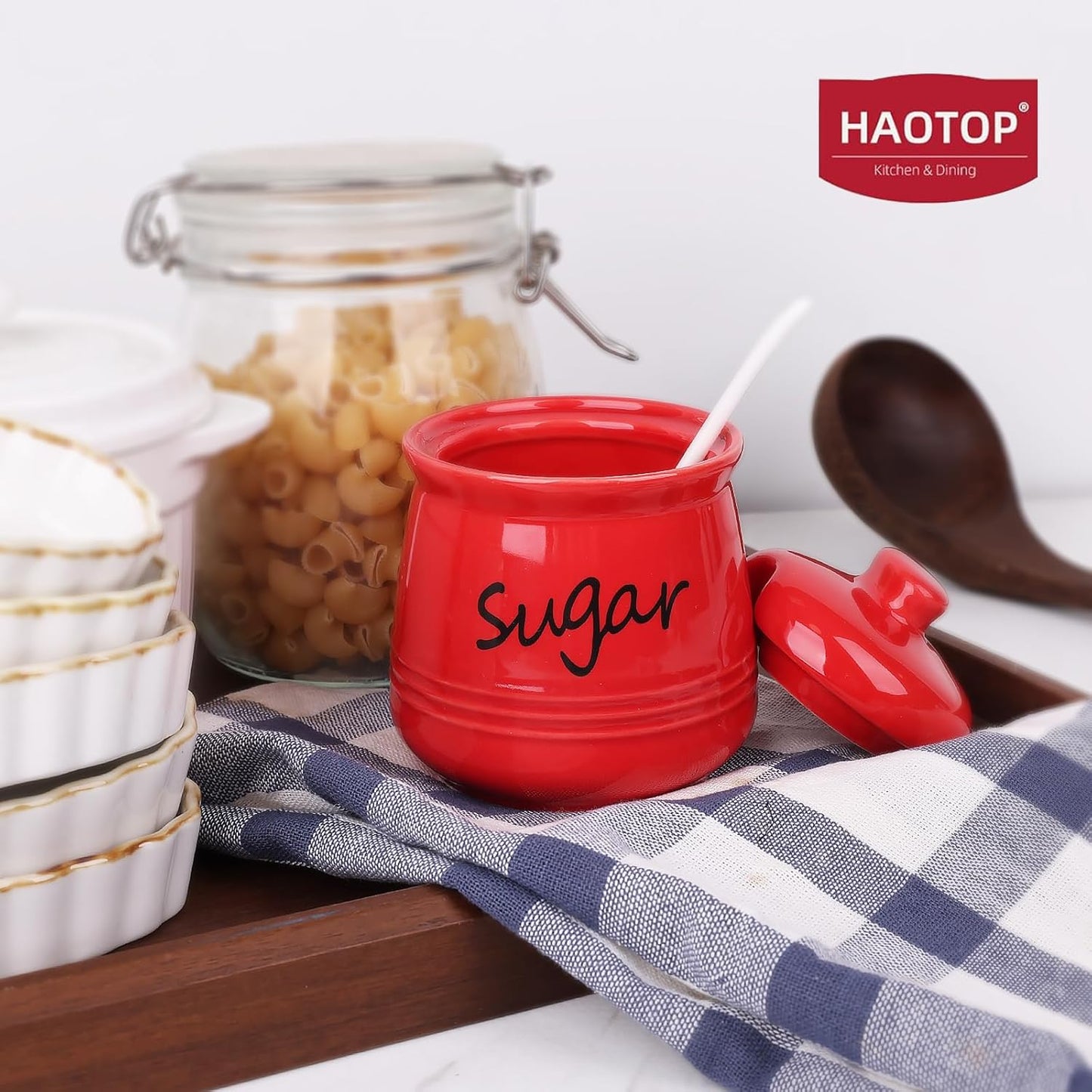 HAOTOP 12oz Sugar Bowl with Lid and Spoon,Ceramic Sugar Jar Sugar Dispenser Sugar Container Coffee