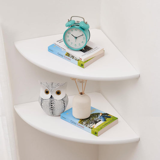 Corner Shelves, White Floating Corner Shelf, Set of 2 12inch Solid Oak Wood Wall Shelves, Round End