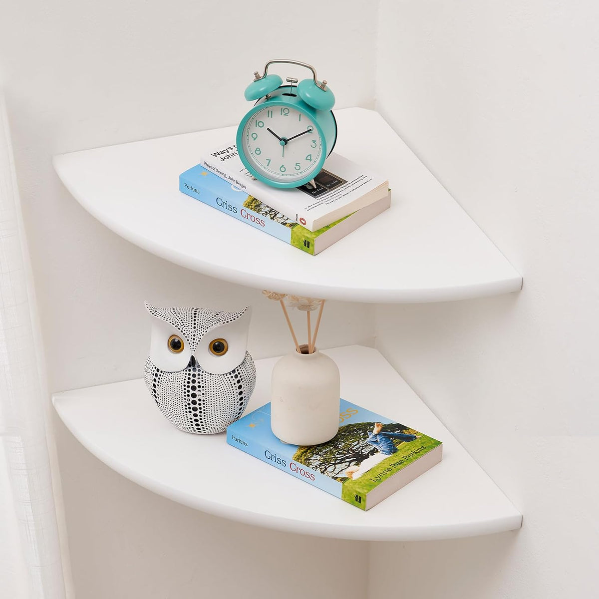 Corner Wall Shelves, White Floating Corner Shelf, Set of 2 16inch Solid Oak Wood Shelves, Round End