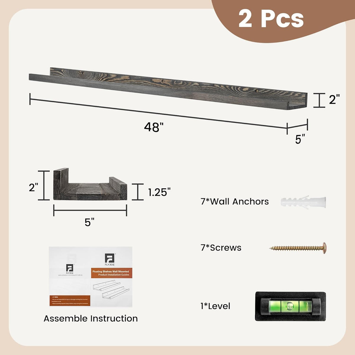 48 Inch Long Floating Shelves for Wall, Solid Pine Wood Picture Ledge Shelves with Lips, Nursery
