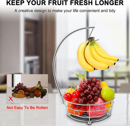 Livabber Countertop Fruit Basket Bowl with Banana Hanger, Modern Standing Fruit Vegetable Bowl