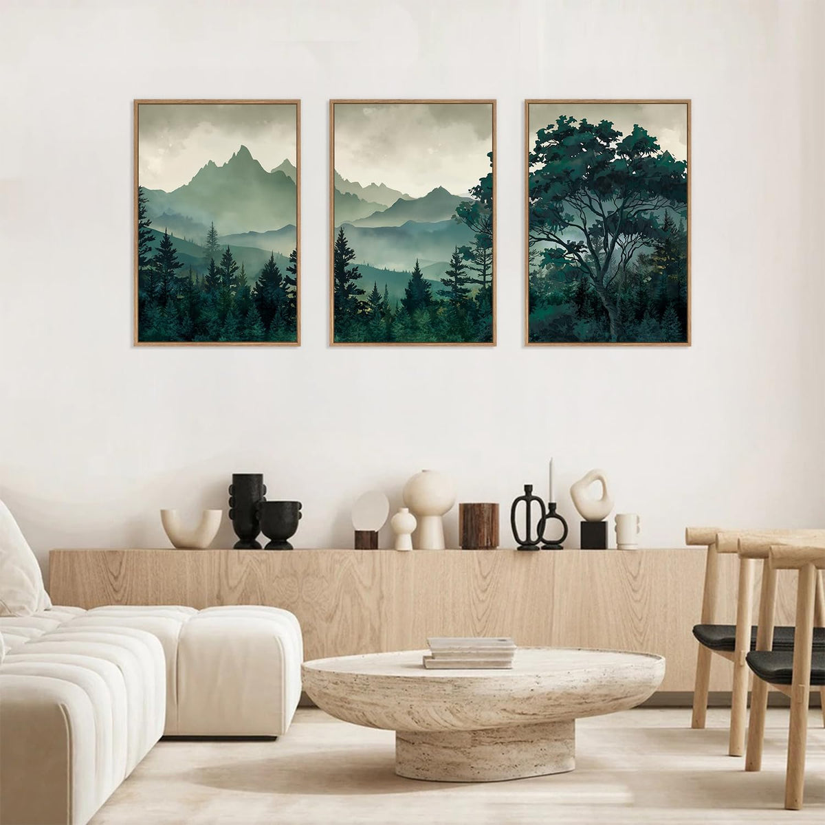 HLNIUC Green Foggy Forest Framed Canvas Wall Art Set,Watercolor Boho Pine Tree Wall Decor,Modern