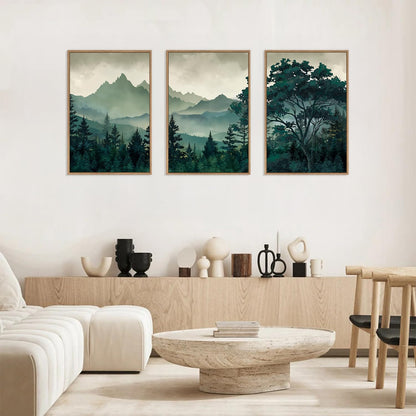 HLNIUC Green Foggy Forest Framed Canvas Wall Art Set,Watercolor Boho Pine Tree Wall Decor,Modern