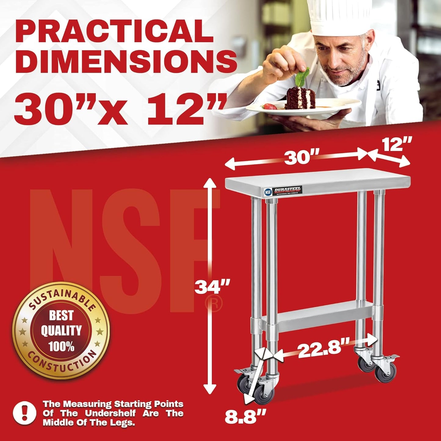 DuraSteel 30x12 NSF Stainless Steel Cart - Heavy Duty Rolling Food Prep Table with Undershelf