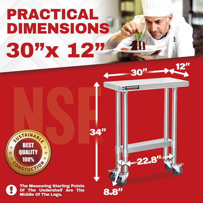 DuraSteel 30x12 NSF Stainless Steel Cart - Heavy Duty Rolling Food Prep Table with Undershelf