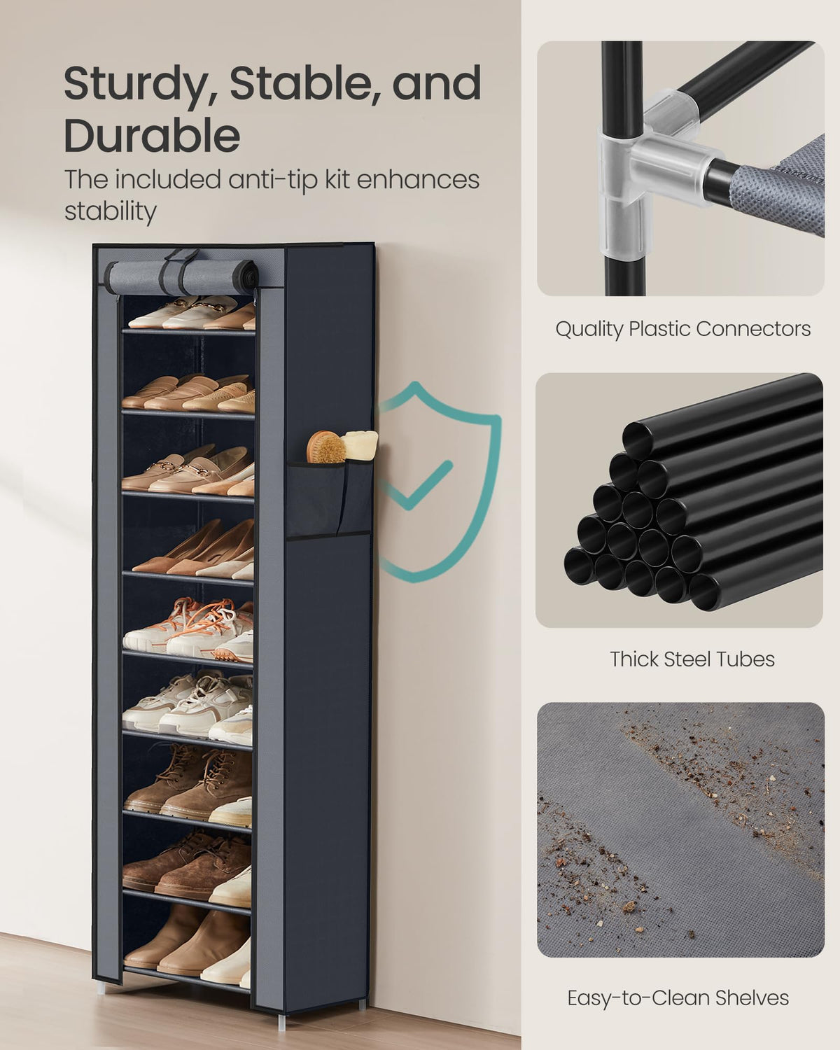 SONGMICS 10-Tier Shoe Rack, Shoe Storage Cabinet with Dustproof Cover, Free-Standing Storage