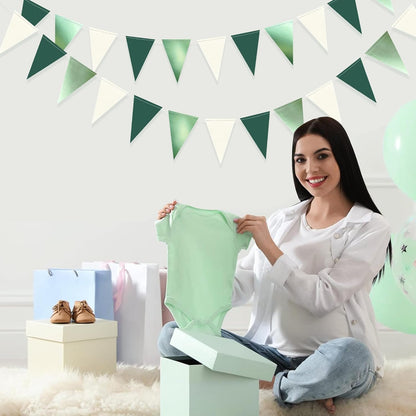 Sage Green Decorations Hanging Paper Pennant Banner Flag Green Beige Triangle Bunting Garland for