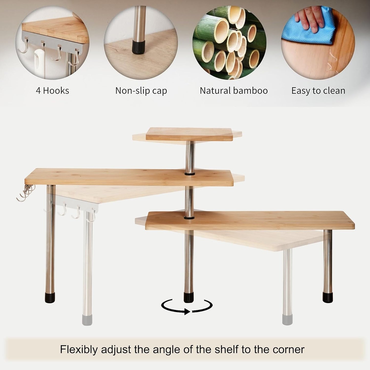 HYNAWIN Corner Shelf, 3 Tier Bamboo & Metal Storage Spice Rack-Desk, Space Saving Bookshelf with