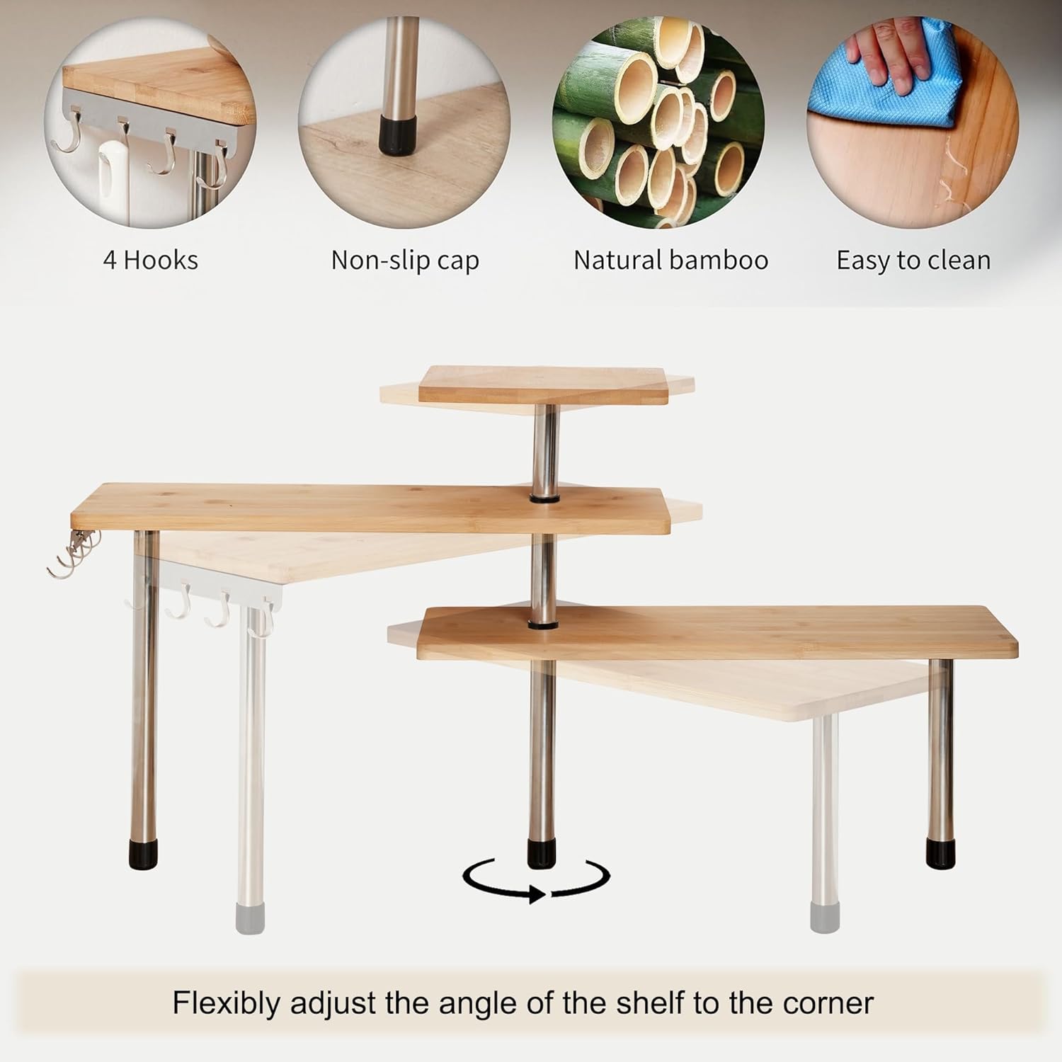 HYNAWIN Corner Shelf, 3 Tier Bamboo & Metal Storage Spice Rack-Desk, Space Saving Bookshelf with