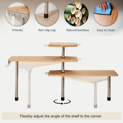 HYNAWIN Corner Shelf, 3 Tier Bamboo & Metal Storage Spice Rack-Desk, Space Saving Bookshelf with