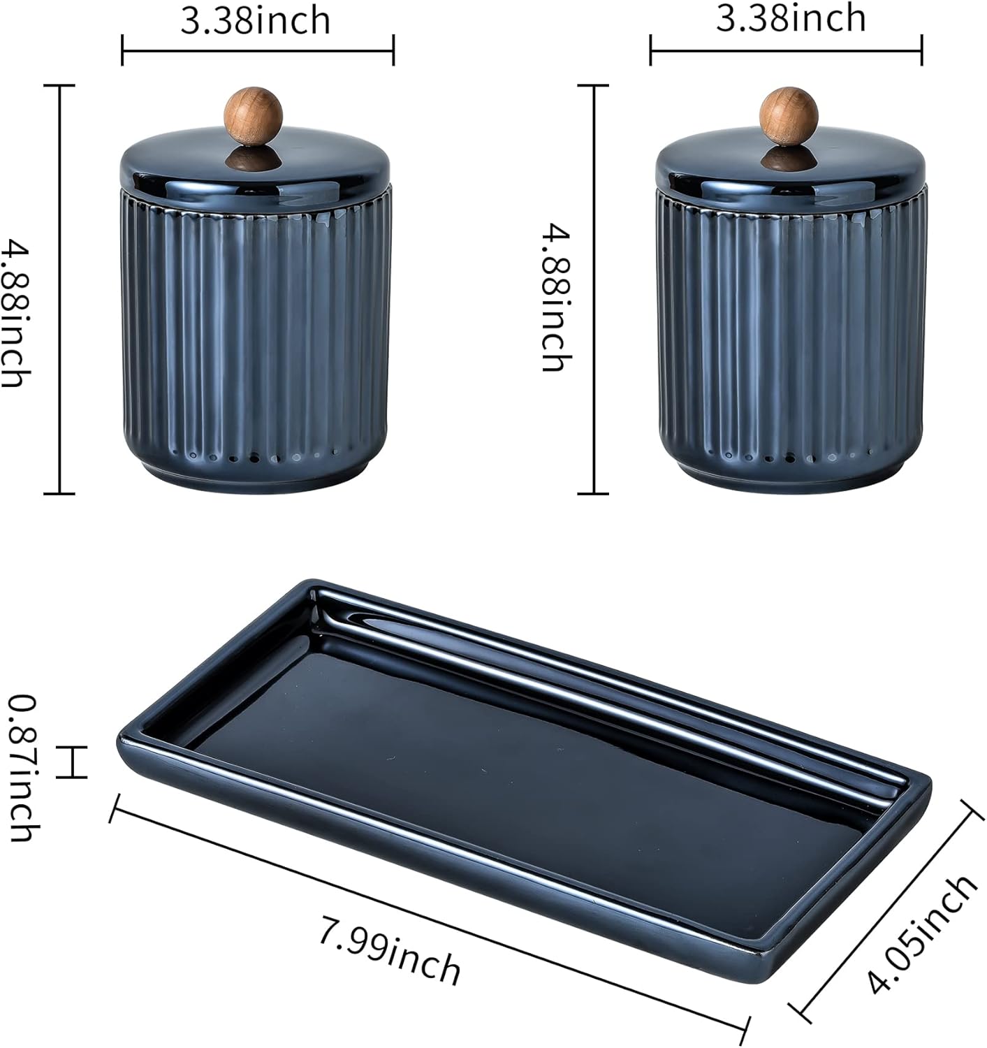 Qtip Holder Bathroom Set with Tray(3PCS) - 2 Piece 12 oz Blue Apothecary Jar Canister with Lid and