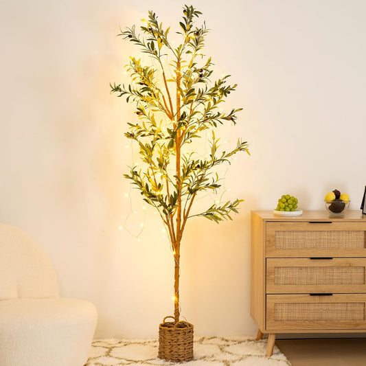6ft Artificial Olive Tree with LED Fairy Lights, Tall Faux Potted Plant with Woven Basket - Natural
