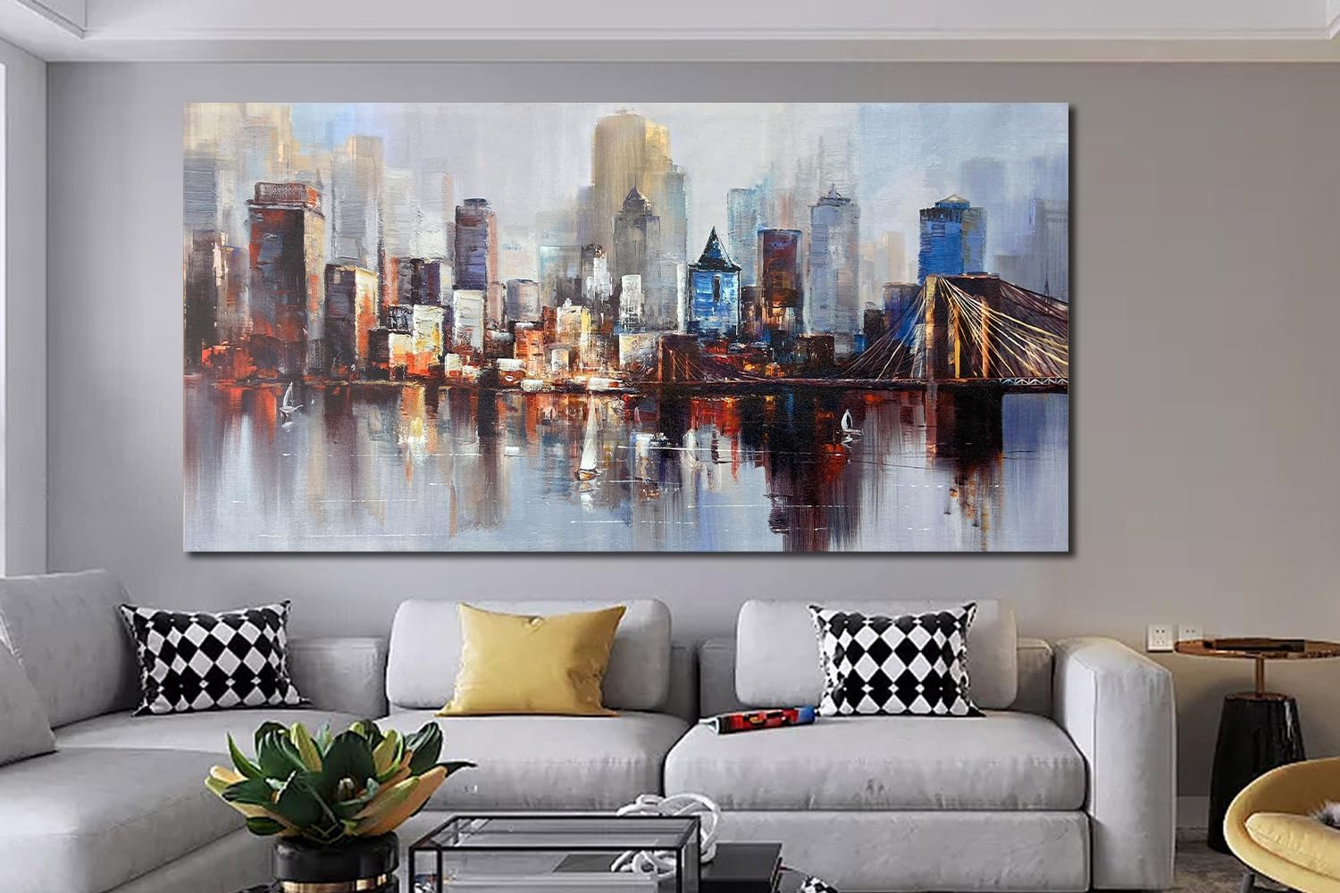 Arjun Brooklyn Bridge Wall Art Modern New York City Abstract Canvas Cityscape Painting, NYC Skyline
