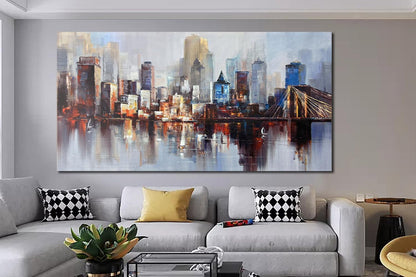 Arjun Brooklyn Bridge Wall Art Modern New York City Abstract Canvas Cityscape Painting, NYC Skyline