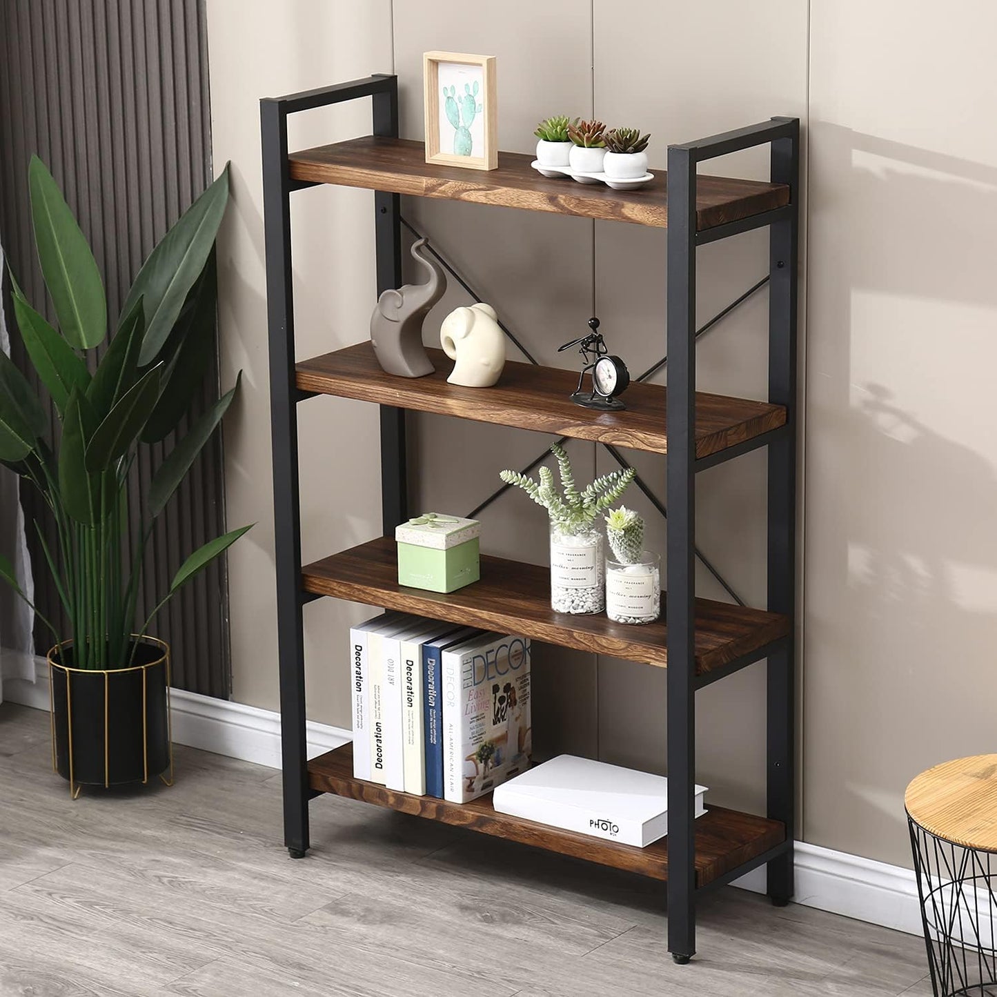 Solid Wood Bookshelf, 4-Tier Rustic Vintage Industrial Etagere Bookcase, Open Metal & Wood Vintage