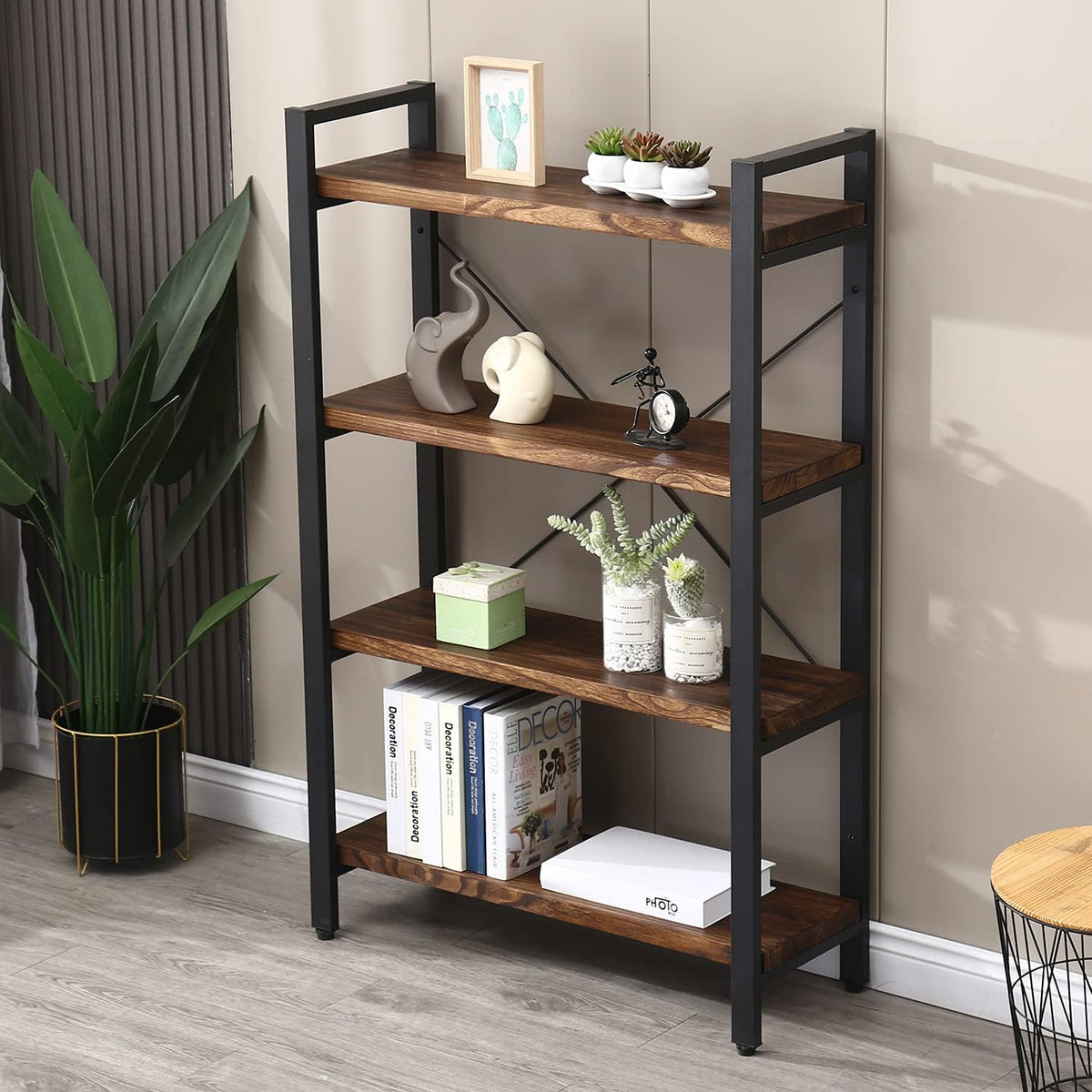Solid Wood Bookshelf, 4-Tier Rustic Vintage Industrial Etagere Bookcase, Open Metal & Wood Vintage