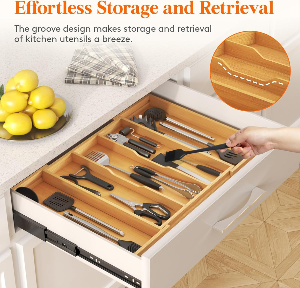 Lifewit Utensil Organizer for Kitchen Drawer, Expandable Cooking Utensil Tray, Bamboo Cutlery