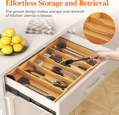 Lifewit Utensil Organizer for Kitchen Drawer, Expandable Cooking Utensil Tray, Bamboo Cutlery