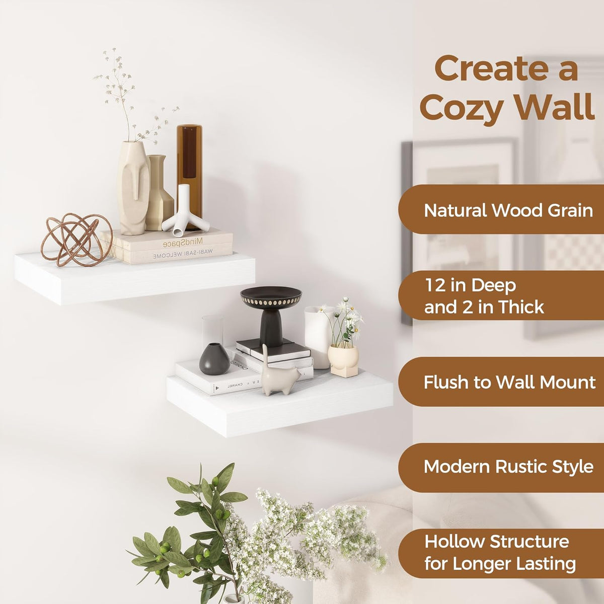 12 Inch Deep White Floating Shelves, 16 x 12 Floating Shelf for Books, Rustic Wood Deep Wall